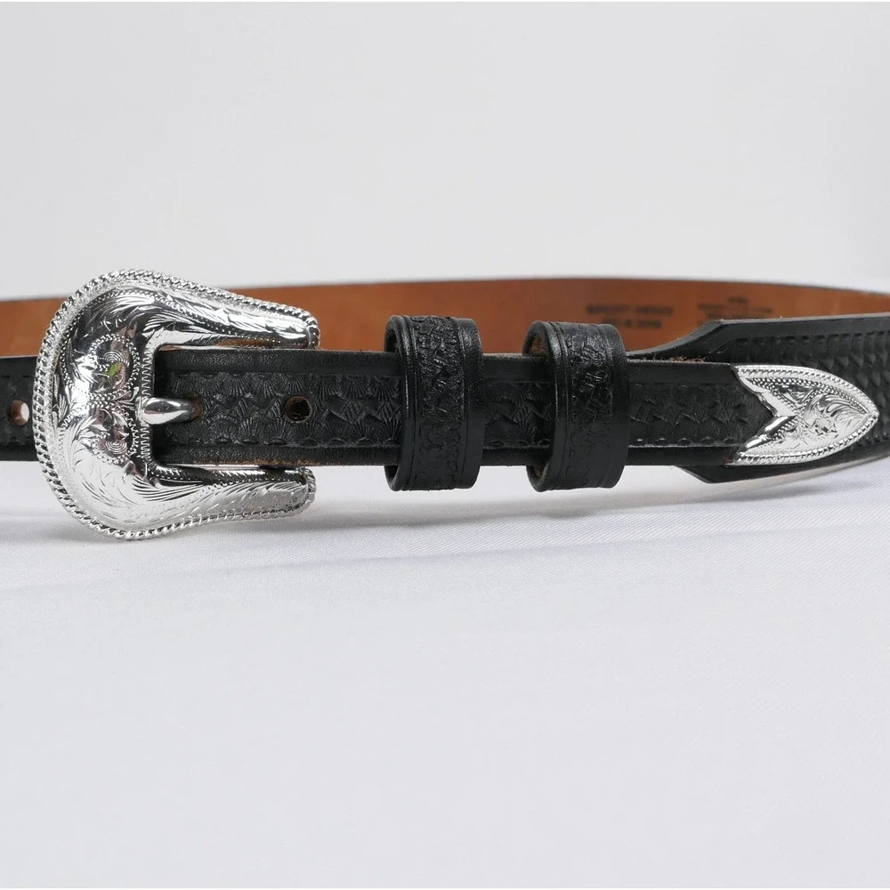 Silver Creek Black Leather Western Heart Concho Belt Silver Tone Buckle 36 VTG